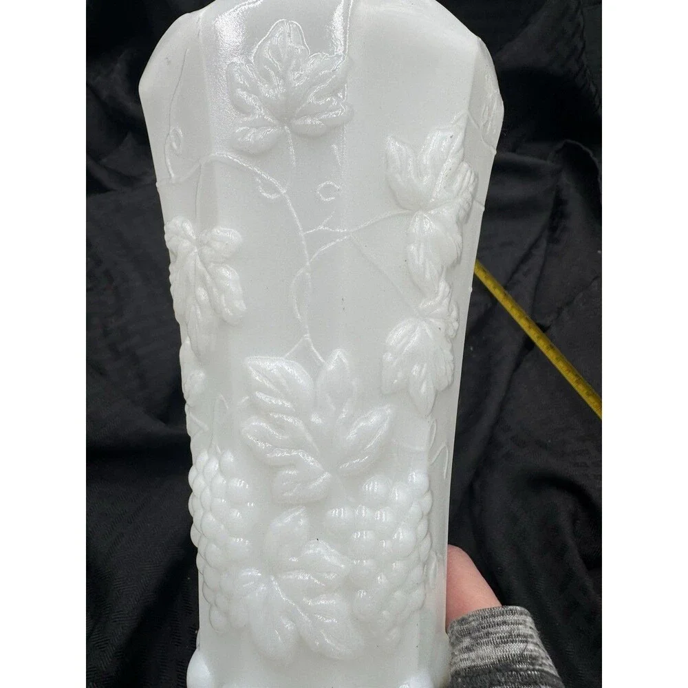 Vintage Milk Glass Footed Vase Grapes Flowers - Paneled, Scalloped Rim - 9 1/4
